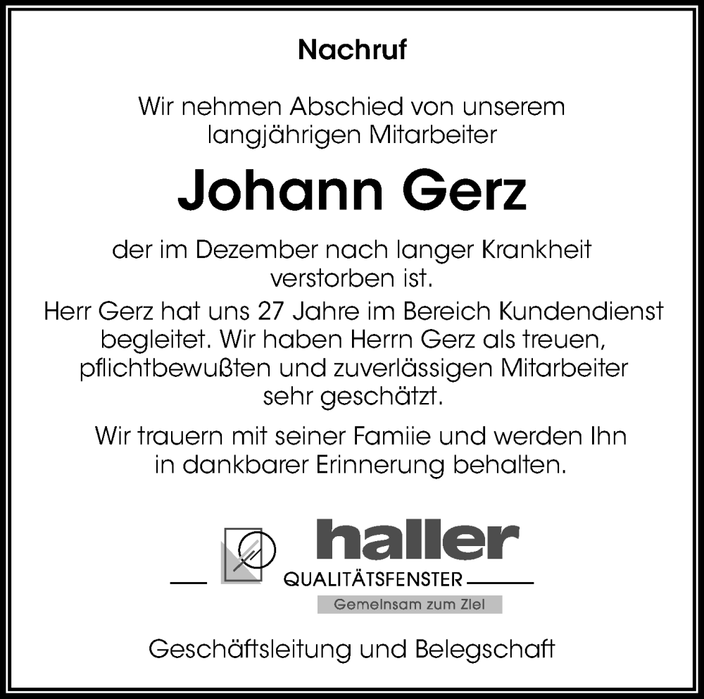  Traueranzeige für Johann Gerz vom 13.12.2025 aus Waiblinger Kreiszeitung