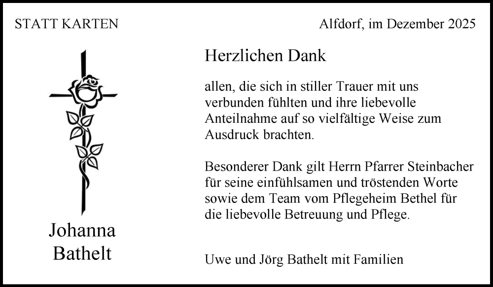  Traueranzeige für Johanna Bathelt vom 30.12.2025 aus Waiblinger Kreiszeitung