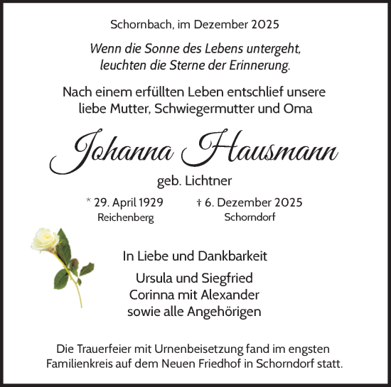 Traueranzeige von Johanna Hausmann von Waiblinger Kreiszeitung