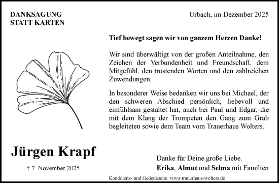 Traueranzeige von Jürgen Krapf von Waiblinger Kreiszeitung