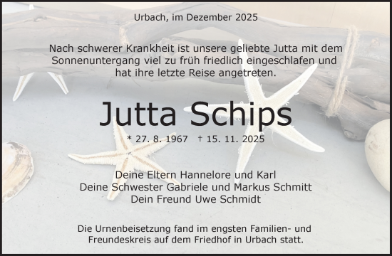 Traueranzeige von Jutta Schips von Waiblinger Kreiszeitung