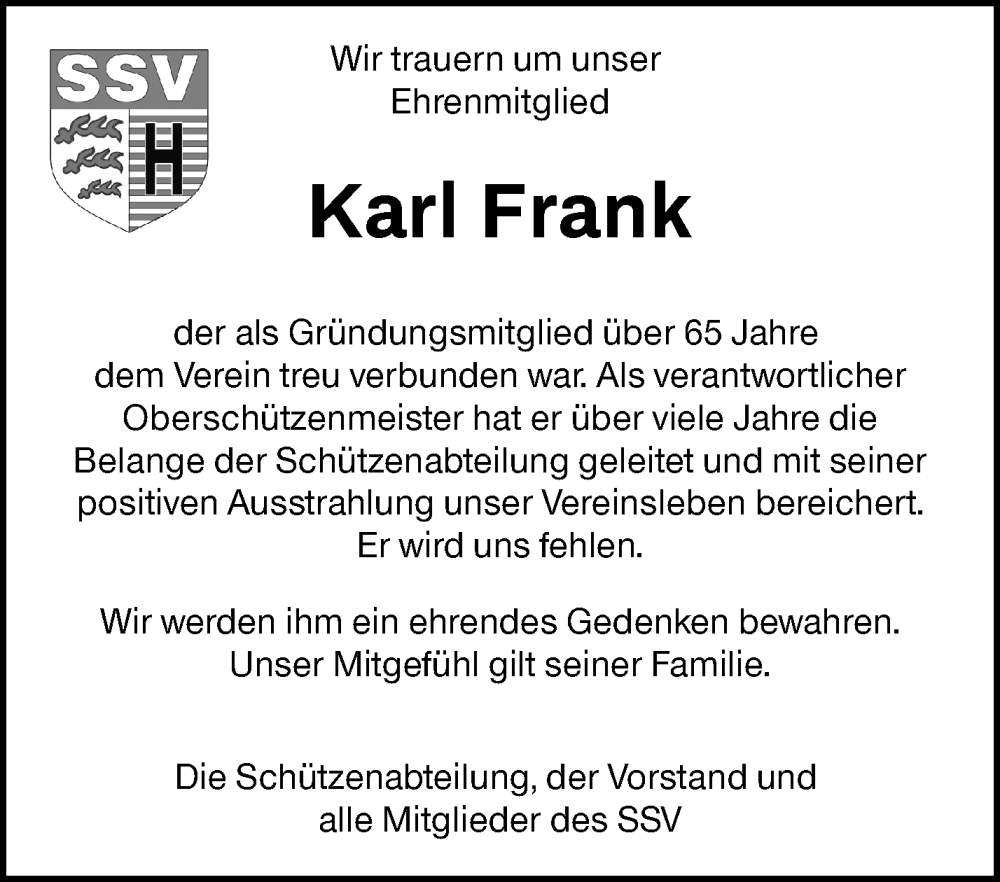  Traueranzeige für Karl Frank vom 04.12.2025 aus Waiblinger Kreiszeitung