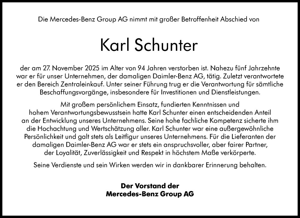  Traueranzeige für Karl Schunter vom 13.12.2025 aus Waiblinger Kreiszeitung