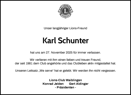 Traueranzeige von Karl Schunter von Waiblinger Kreiszeitung