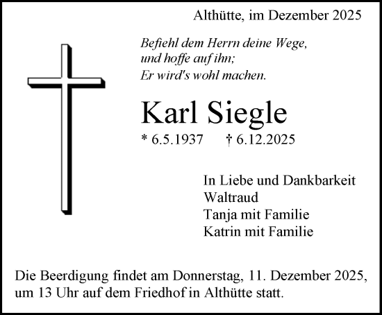 Traueranzeige von Karl Siegle von Waiblinger Kreiszeitung