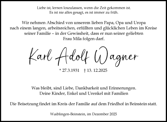 Traueranzeige von Karl Adolf Wagner von Waiblinger Kreiszeitung