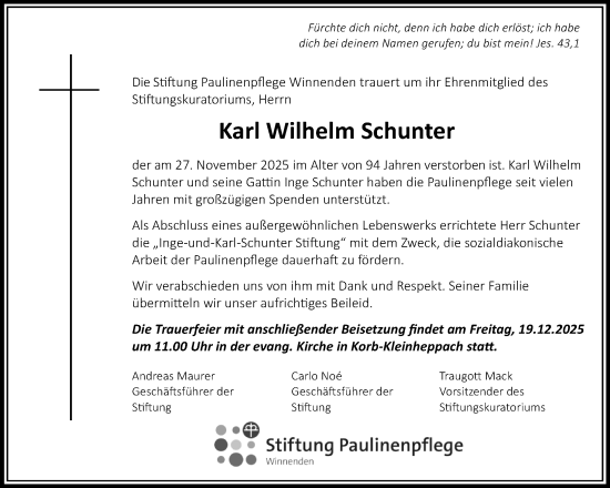 Traueranzeige von Karl Wilhelm Schunter von Waiblinger Kreiszeitung