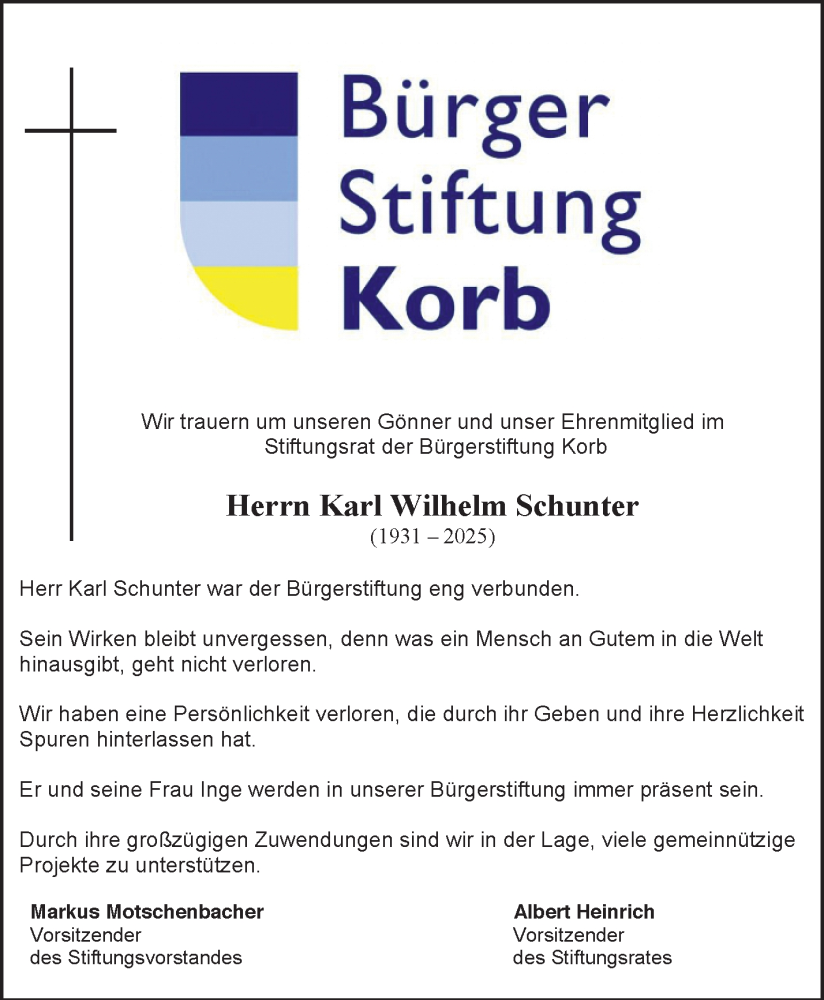  Traueranzeige für Karl Wilhelm Schunter vom 13.12.2025 aus Waiblinger Kreiszeitung