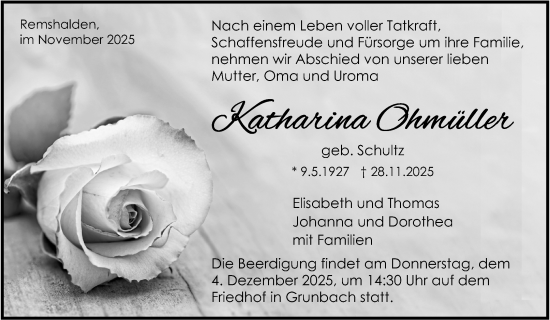 Traueranzeige von Katharina Ohmüller von Waiblinger Kreiszeitung