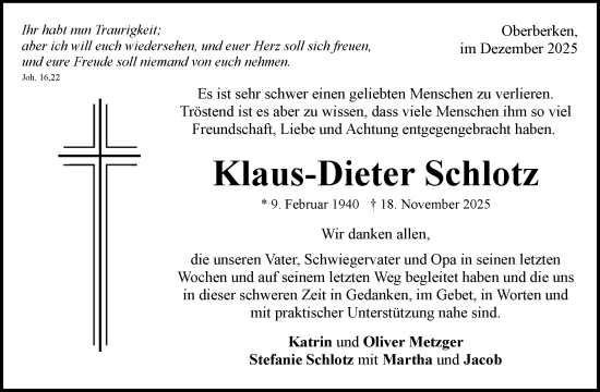 Traueranzeige von Klaus-Dieter Schlotz von Waiblinger Kreiszeitung
