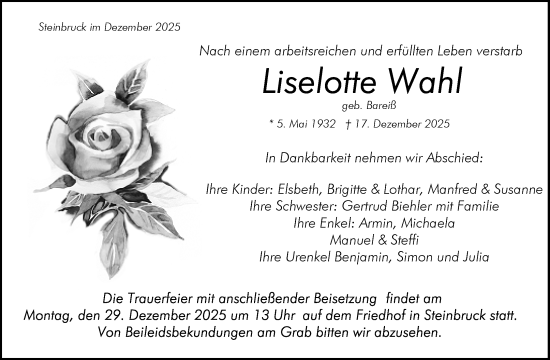 Traueranzeige von Liselotte Wahl von Waiblinger Kreiszeitung