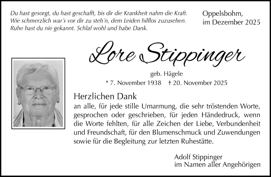 Traueranzeige von Lore Stippinger von Waiblinger Kreiszeitung