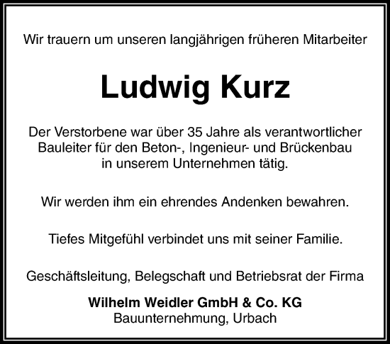 Traueranzeige von Ludwig Kurz von Waiblinger Kreiszeitung