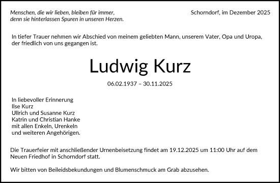 Traueranzeige von Ludwig Kurz von Waiblinger Kreiszeitung