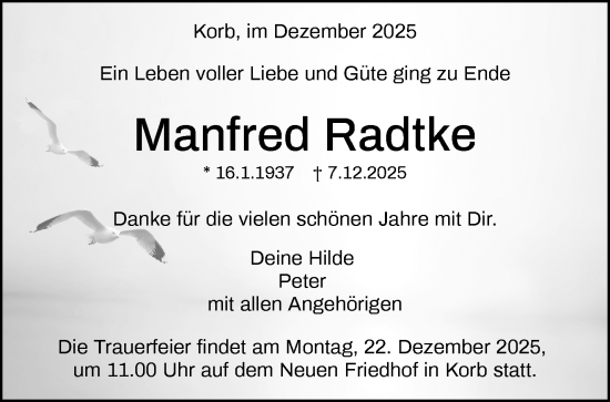 Traueranzeige von Manfred Radtke von Waiblinger Kreiszeitung