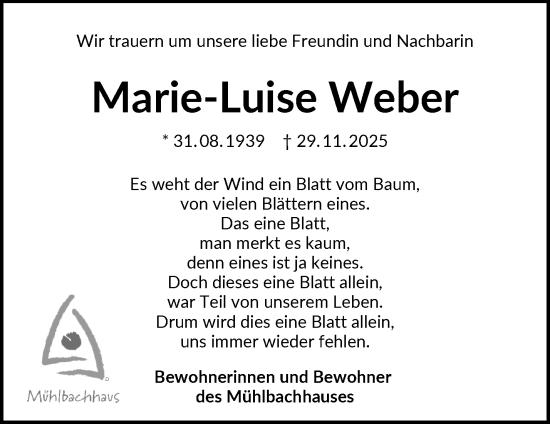 Traueranzeige von Marie-Luise Weber von Waiblinger Kreiszeitung