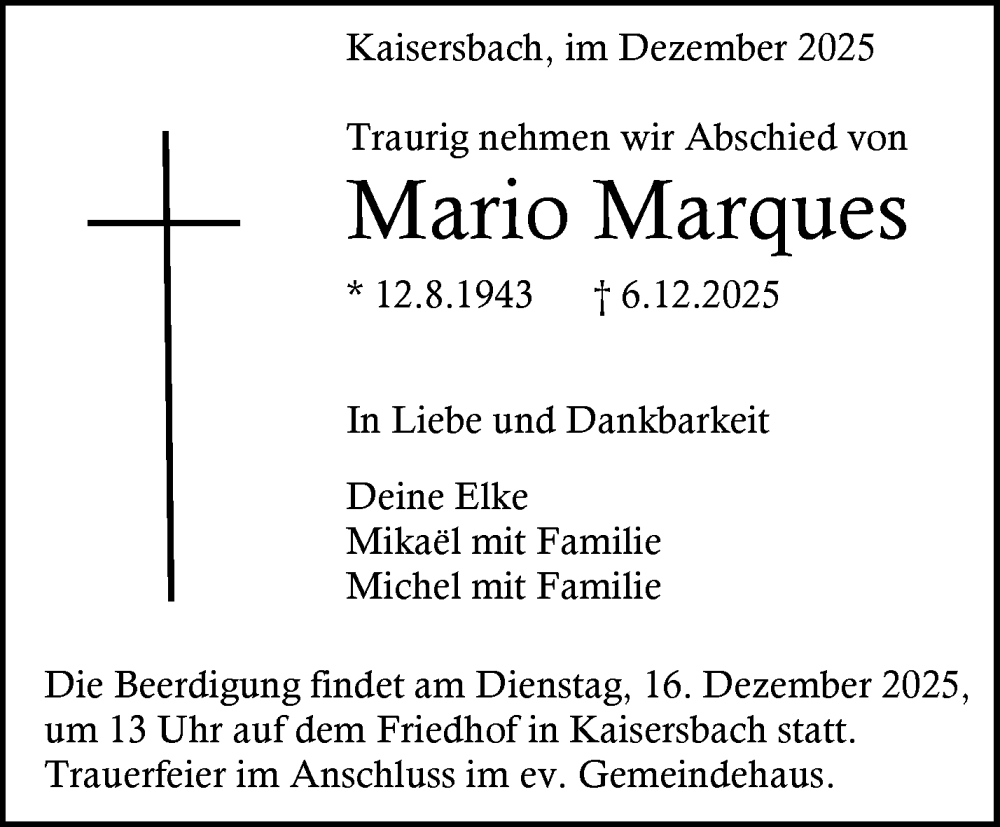  Traueranzeige für Mario Marques vom 11.12.2025 aus Waiblinger Kreiszeitung