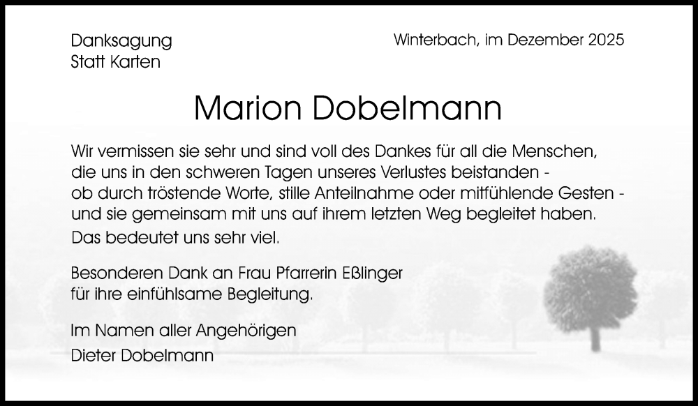  Traueranzeige für Marion Dobelmann vom 20.12.2025 aus Waiblinger Kreiszeitung