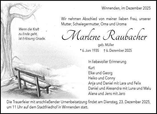 Traueranzeige von Marlene Raubacher von Waiblinger Kreiszeitung