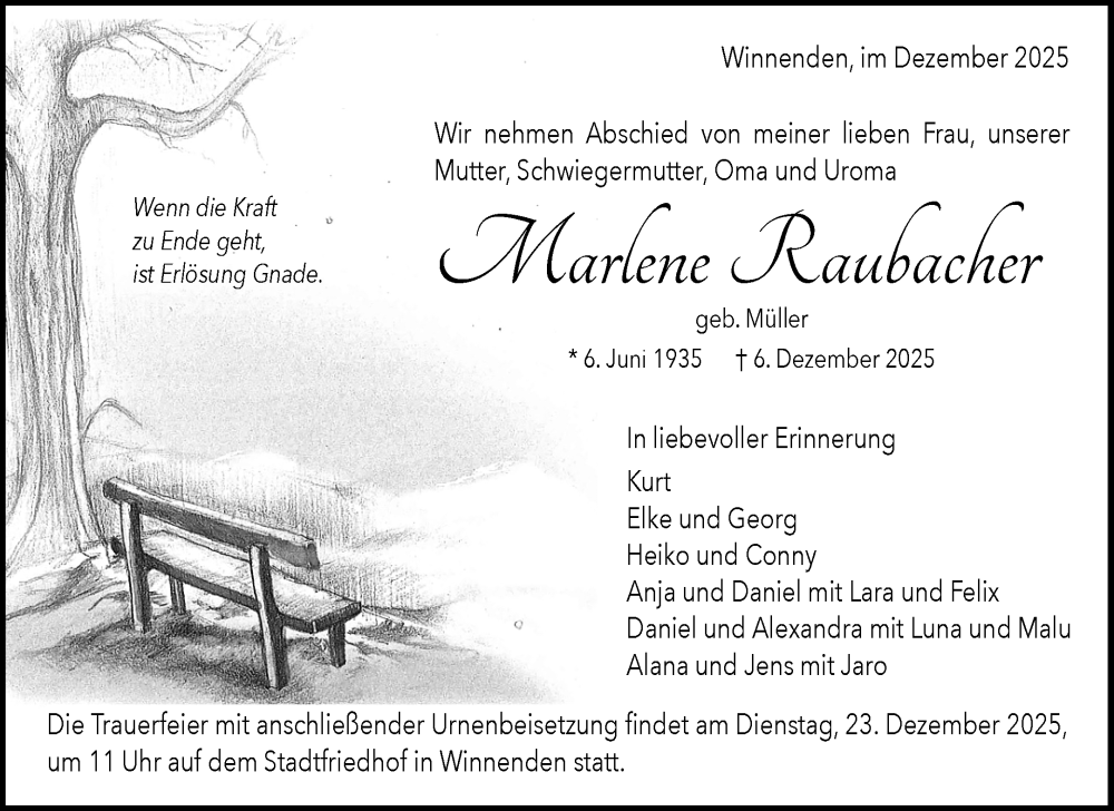  Traueranzeige für Marlene Raubacher vom 16.12.2025 aus Waiblinger Kreiszeitung