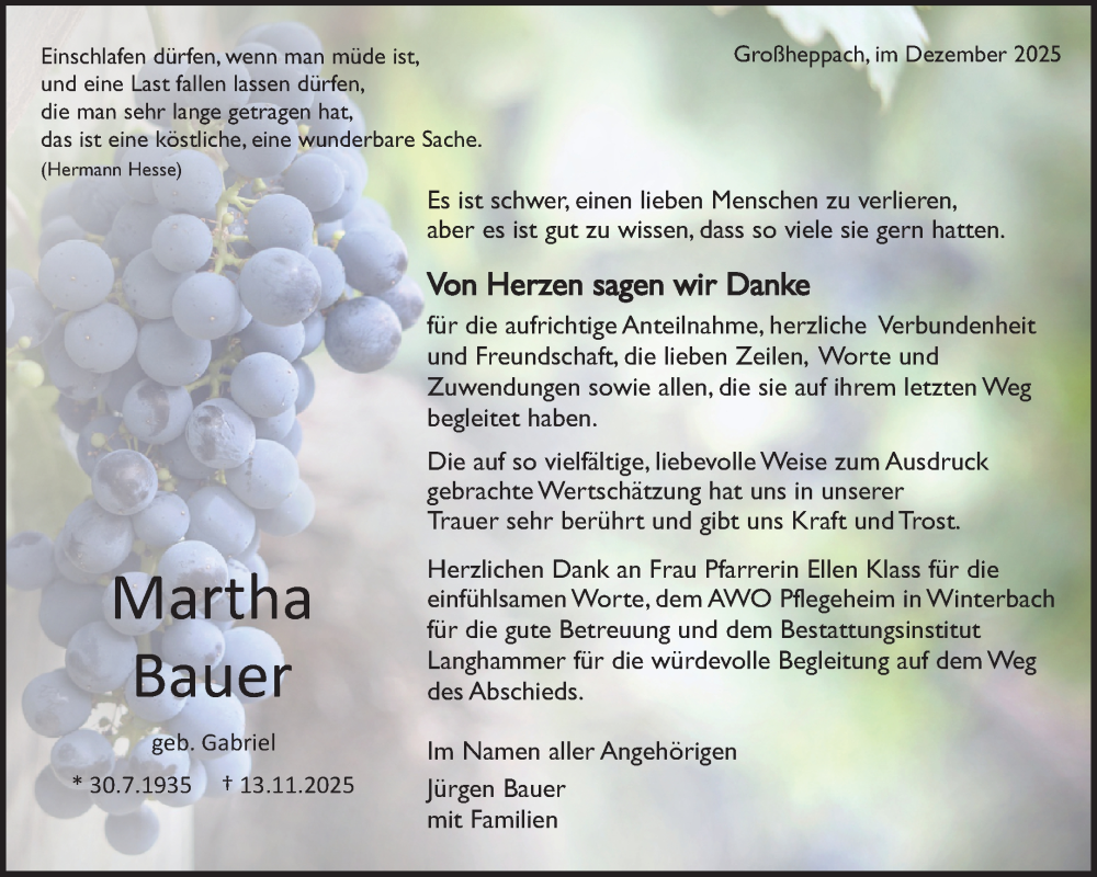  Traueranzeige für Martha Bauer vom 10.12.2025 aus Waiblinger Kreiszeitung