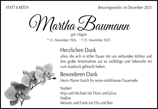 Traueranzeige von Martha Baumann von Waiblinger Kreiszeitung