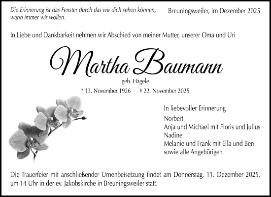 Traueranzeige von Martha Baumann von Waiblinger Kreiszeitung