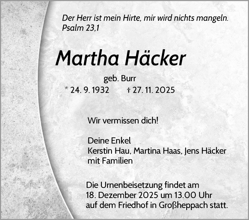  Traueranzeige für Martha Häcker vom 08.12.2025 aus Waiblinger Kreiszeitung