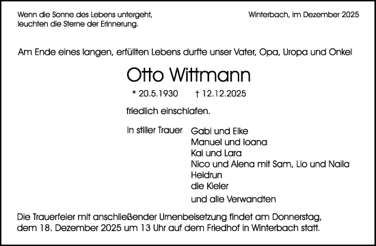 Traueranzeige von Otto Wittmann von Waiblinger Kreiszeitung