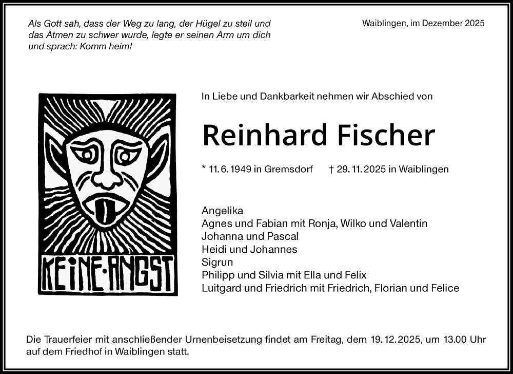  Traueranzeige für Reinhard Fischer vom 09.12.2025 aus Waiblinger Kreiszeitung