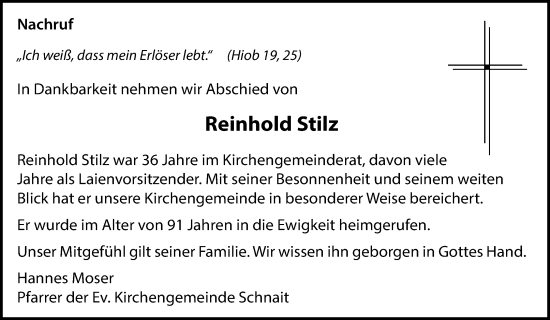 Traueranzeige von Reinhold Stilz von Waiblinger Kreiszeitung