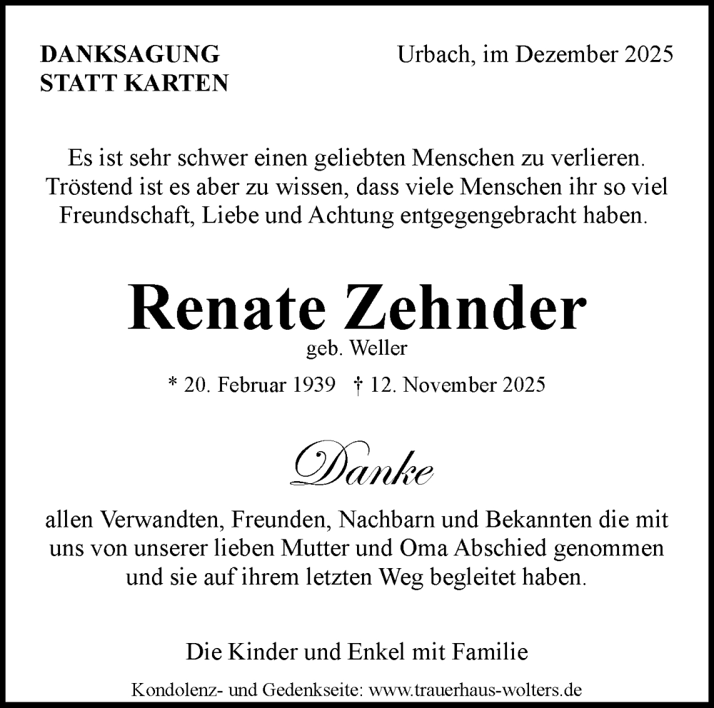  Traueranzeige für Renate Zehnder vom 13.12.2025 aus Waiblinger Kreiszeitung