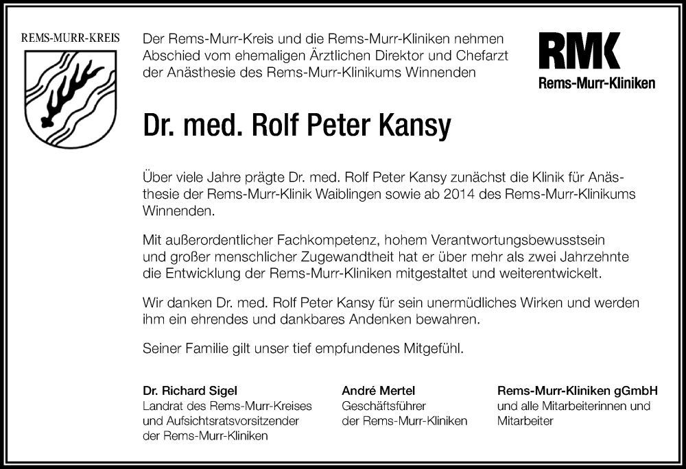  Traueranzeige für Rolf Peter Kansy vom 20.12.2025 aus Waiblinger Kreiszeitung