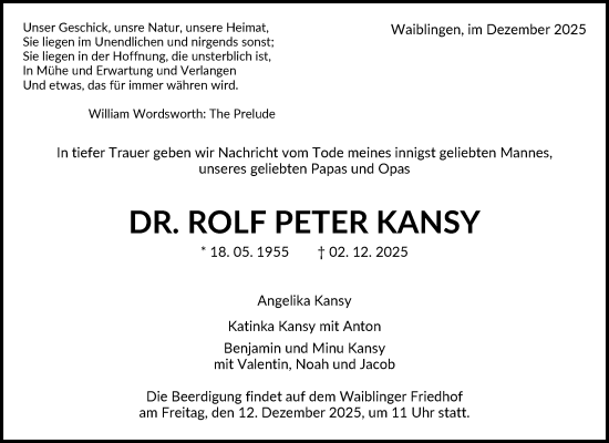 Traueranzeige von Rolf Peter Kansy von Waiblinger Kreiszeitung