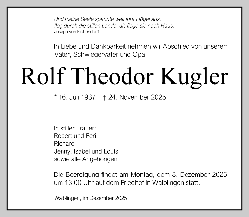 Traueranzeige für Rolf Theodor Kugler vom 04.12.2025 aus Waiblinger Kreiszeitung