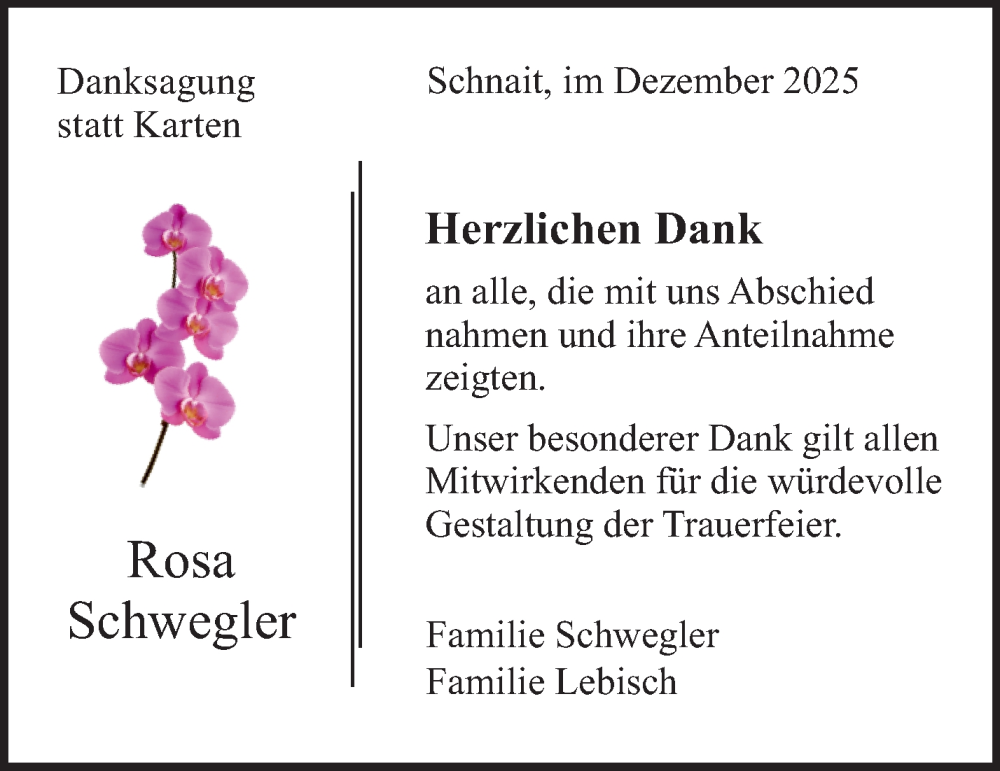  Traueranzeige für Rosa Schwegler vom 30.12.2025 aus Waiblinger Kreiszeitung