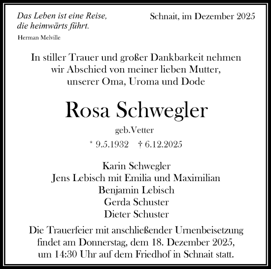 Traueranzeige von Rosa Schwegler von Waiblinger Kreiszeitung