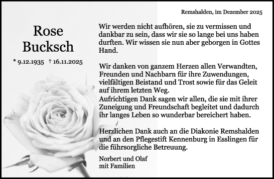 Traueranzeige von Rose Bucksch von Waiblinger Kreiszeitung