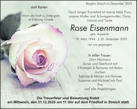 Traueranzeige von Rose Eisenmann von Waiblinger Kreiszeitung