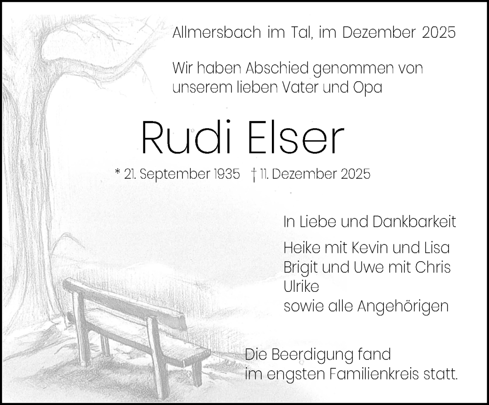  Traueranzeige für Rudi Elser vom 20.12.2025 aus Waiblinger Kreiszeitung