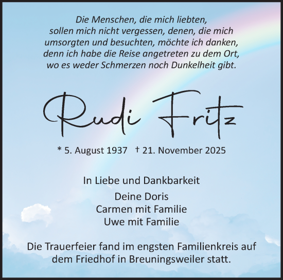 Traueranzeige von Rudi Fritz von Waiblinger Kreiszeitung