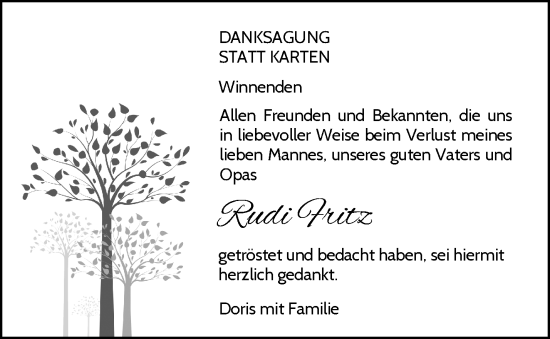 Traueranzeige von Rudi Fritz von Waiblinger Kreiszeitung