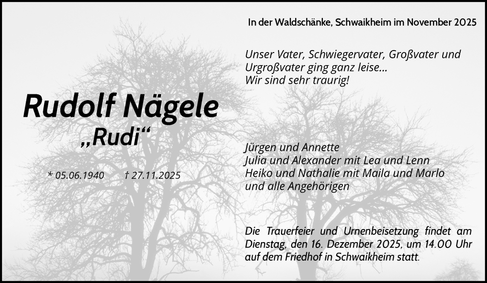  Traueranzeige für Rudolf Nägele vom 13.12.2025 aus Waiblinger Kreiszeitung
