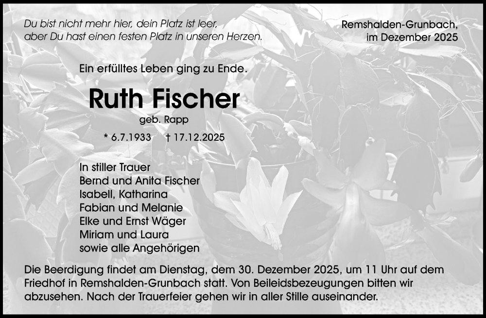  Traueranzeige für Ruth Fischer vom 29.12.2025 aus Waiblinger Kreiszeitung