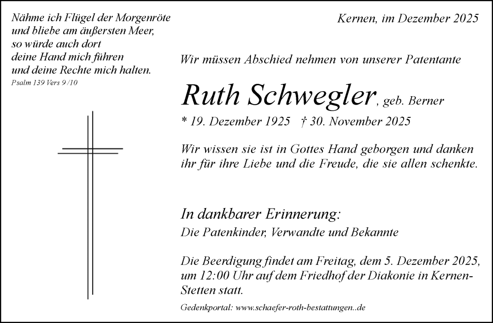  Traueranzeige für Ruth Schwegler vom 03.12.2025 aus Waiblinger Kreiszeitung