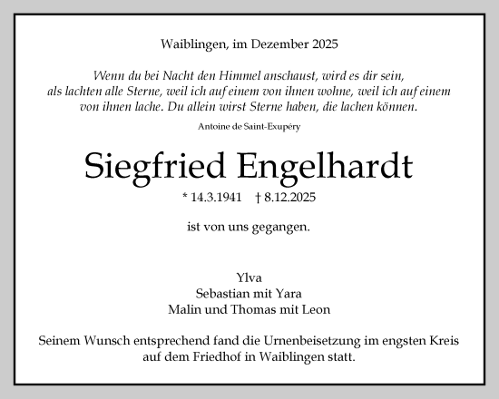 Traueranzeige von Siegfried Engelhardt von Waiblinger Kreiszeitung