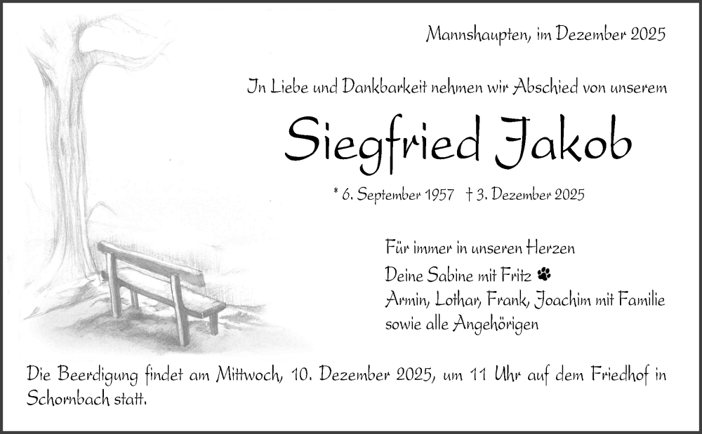  Traueranzeige für Siegfried Jakob vom 05.12.2025 aus Waiblinger Kreiszeitung