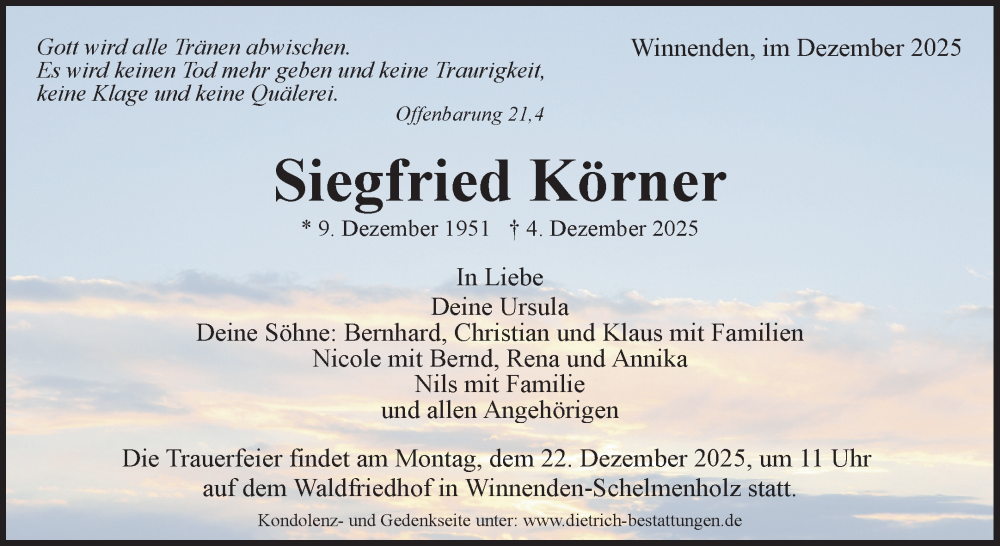  Traueranzeige für Siegfried Körner vom 18.12.2025 aus Waiblinger Kreiszeitung