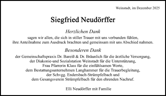 Traueranzeige von Siegfried Neudörffer von Waiblinger Kreiszeitung