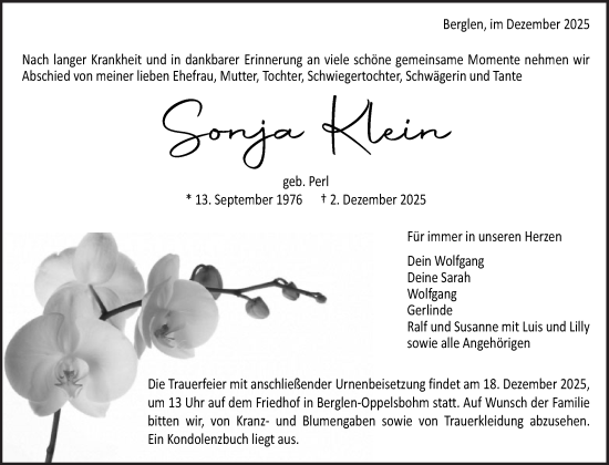 Traueranzeige von Sonja Klein von Waiblinger Kreiszeitung